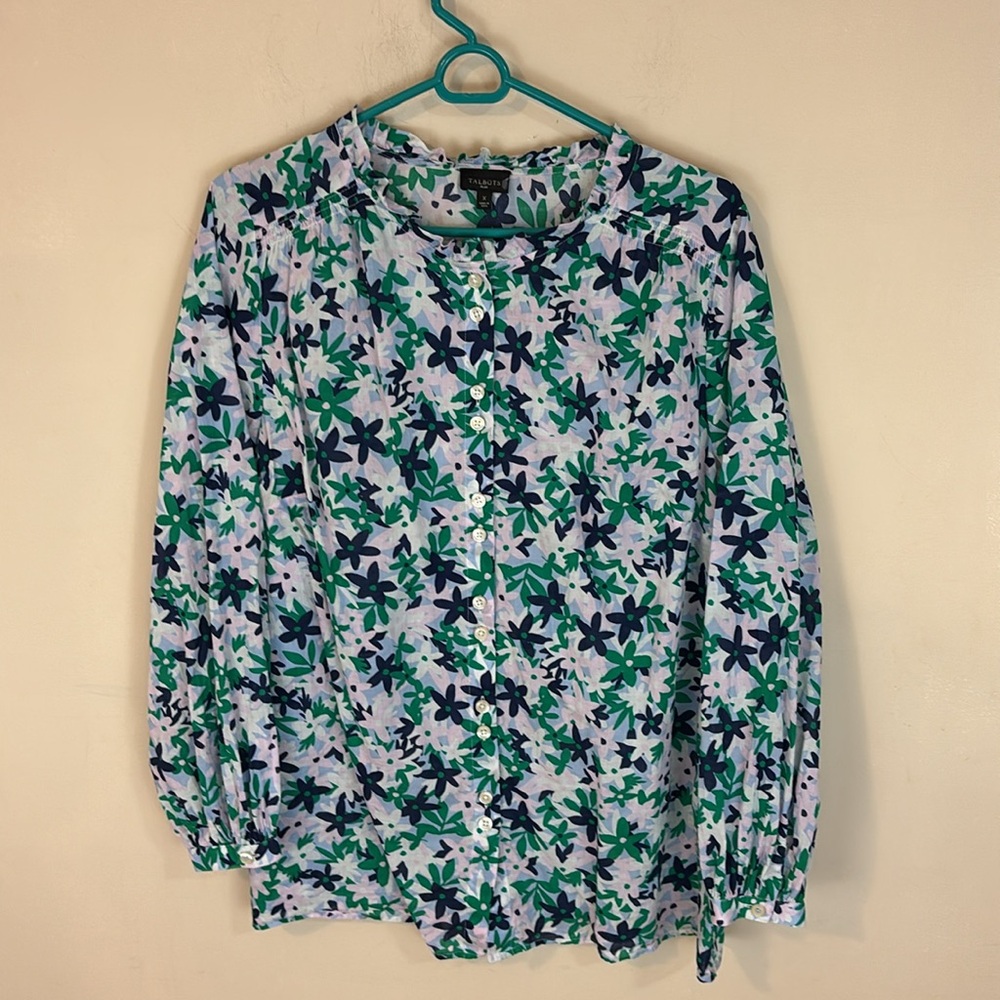 Talbots Floral Button Down Shirt with Ruffle Neckline Long Sleeve Size X